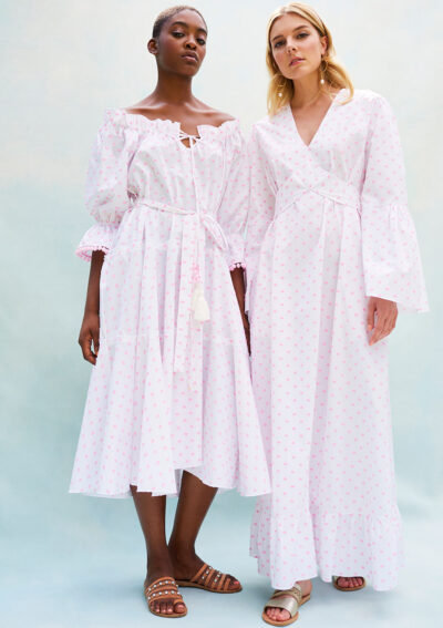 BN003 - Pyjama Baby Doll Dress - BN011 - Long Sleeve Plumerella Pyjama Dress. Both in Pink Swiss Spot Cotton