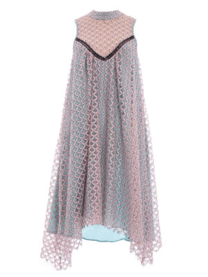 VL 0013 Gypsy dress in pink scale lace with jade silk lining & belt bow tie at back neck